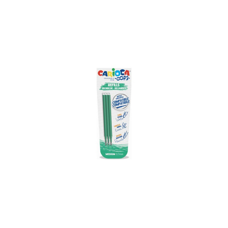 Refill Carioca verde tipo Frixion 0,7mm  3 pz. cancellabile ricaricabile-con inchiostro gel termosensibile- Carioca Oops