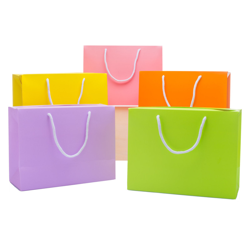 Shopper plastificato tinta unita colori pastello e manico in cordoncino in tinta+ biglietto di auguri