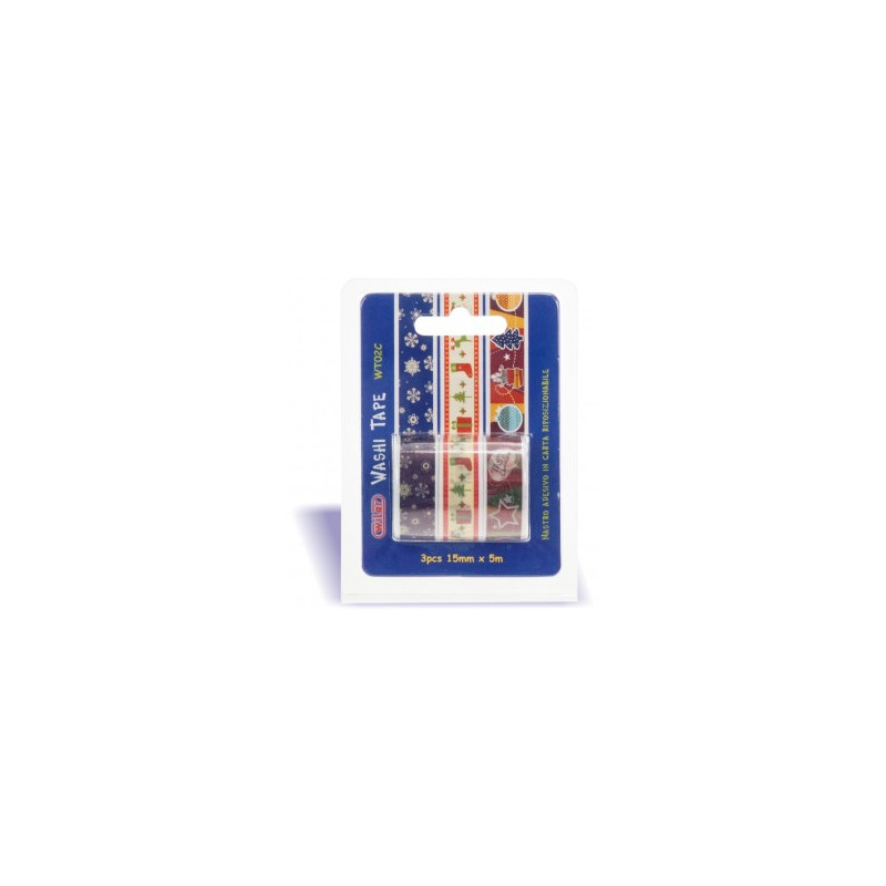 Washi tape NATALE 15mm x 5m - Nastro adesivo in carta riposizionabile.Non lascia residui di colla.Blister 3 soggetti assortiti.