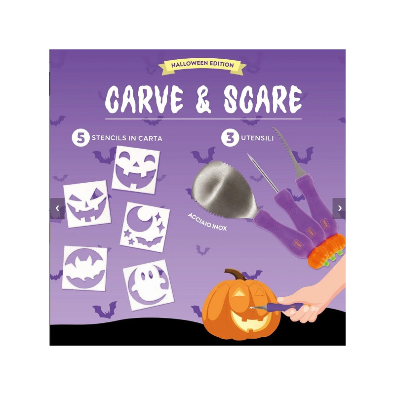 KIT PER INTAGLIARE ZUCCHE DI HALLOWEEN - CARVE & SCARE halloween