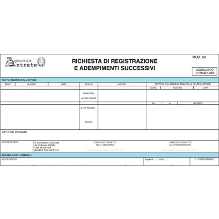 Moduli Richiesta registrazione atti con cedolare secca (Mod. 69), snap out a 3 copie autoricalcanti